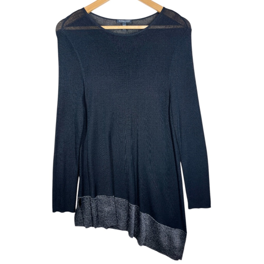 Eileen Fisher Tunic Top Knit Metallic Asymmetric Hem Size Petite Medium Black